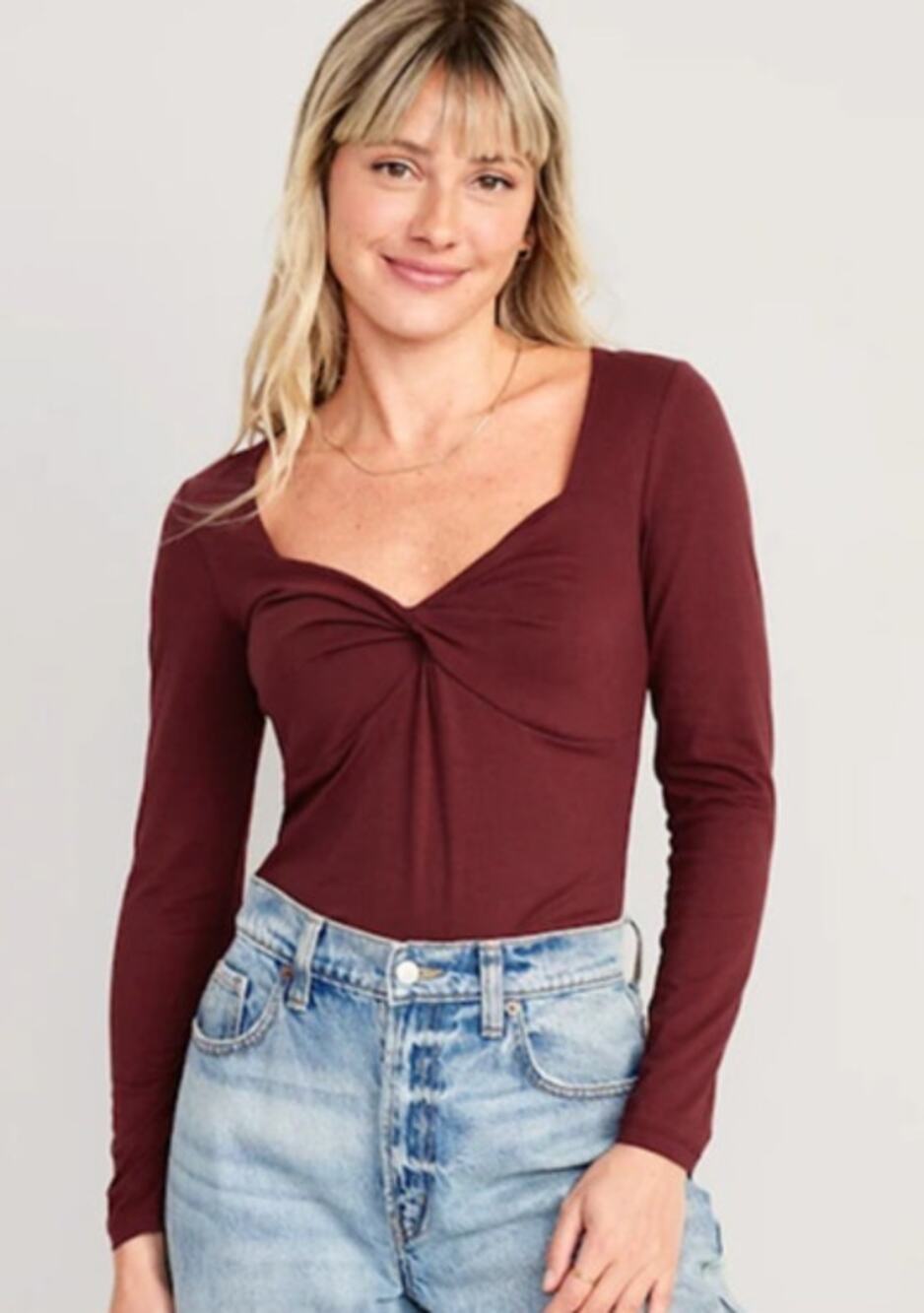 Old Navy Twisted Front Top Womens M Burgundy Milkmaid Coquette Long Sleeve Shirt